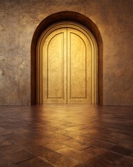 Elegant Golden Doorway Surrounded by Rich Textured Wall and Warm Lighting, Ideal for Themes of Entry, Transition, and Luxury in Interior Design Projects