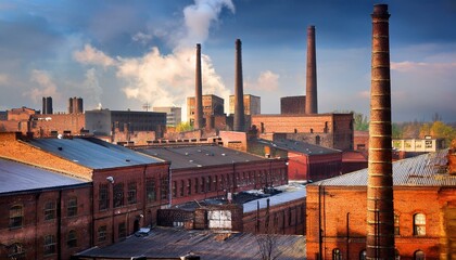 Fototapeta premium A view of an industrial complex with tall brick chimneys and smoke rising into the blue sky.