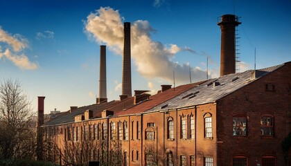 Fototapeta premium A brick factory with tall smokestacks against a blue sky with clouds.