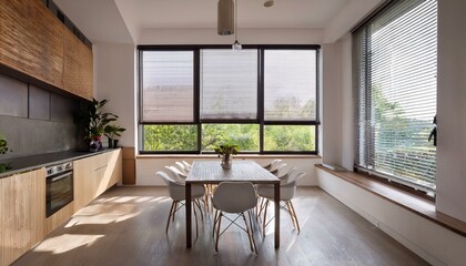 Fototapeta premium Modern kitchen interior with large windows and dining area. 3D Rendering