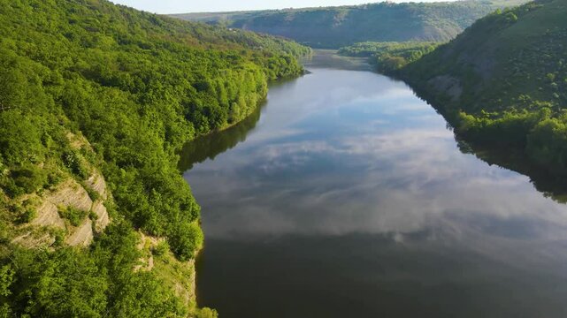 Aerial drone footage of green hills on the Parana River, Teju Cuare Park, Argentina