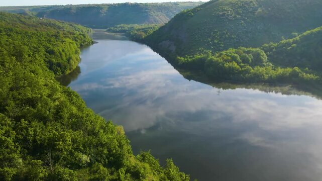 Aerial drone footage of green hills on the Parana River, Teju Cuare Park, Argentina