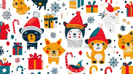 Vibrant Festive of Adorable Animals Wearing Winter Hats and Scarves