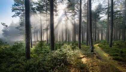 Obraz premium Sunbeams pierce through the fog in a dense pine forest, creating a magical, ethereal atmosphere.