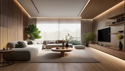 Fototapeta premium Modern living room with a minimalist design and wood accents. 3D Rendering
