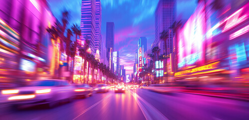 Obraz premium Vibrant city nightlife on a bustling street with bright lights in the evening