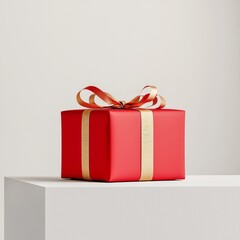 Vibrant Red 3D Christmas Gift Box with Ribbon Bow in Minimalist Setting