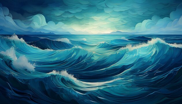 A digital painting depicting a vast blue ocean with rolling waves and a distant coastline under a dramatic cloudy sky.