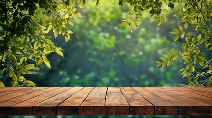 Wooden Table Amid Rich Green Foliage in Peaceful Outdoor Setting