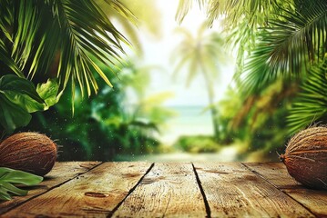 Wooden table in a tropical palm tree setting with a scenic ocean view in the background