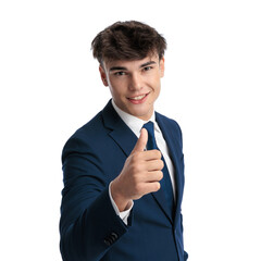 confident businessman in his 20s making thumbs up gesture and smiling