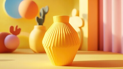 Geometric 3D printed vase crafted from vibrant yellow filament modern home decor accent