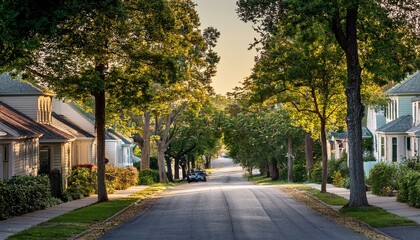 Obraz premium A quiet residential street lined with trees and homes on a sunny day.
