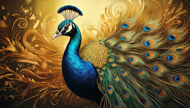 A vibrant peacock with bright blue and green feathers is showcased against a golden retro-inspired background