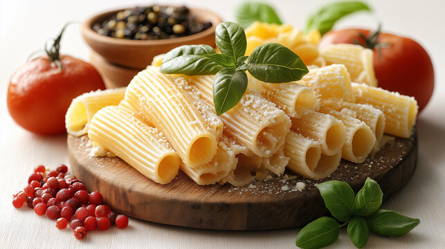 Dry pasta with vegetables, spices and nuts on rustic wooden background