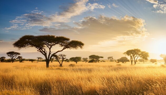 Golden light bathes the African savanna, where acacia trees stand tall against a backdrop of rolling hills.