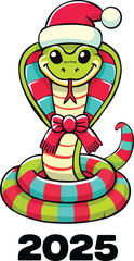 Vector illustration on the theme new year 2025. The main symbol of the new year snake in Christmas outfit on white background. For the design of holiday advertising banners.