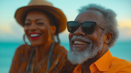 An older African American couple enjoys a delightful walk along the beach, laughing and sharing joyful moments together near the ocean.