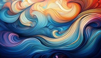 Obraz premium Abstract art with swirling lines in shades of blue, orange, and pink.