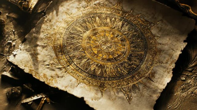 A weathered, golden compass sits atop a worn leather book