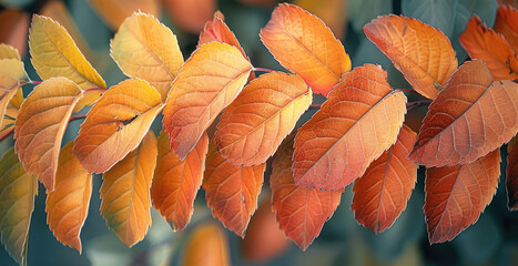 Fototapeta premium Colorful Autumn Leaves in Various Shades of Orange Red Yellow and Green Forming a Natural Textured Background A Beautiful Seasonal Botanical Display.