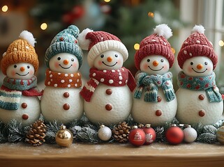 A Group of Snowmen with Hats and Ornaments.