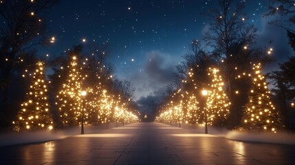 Naklejka premium Snowy Pathway with Illuminated Christmas Trees and Starry Sky