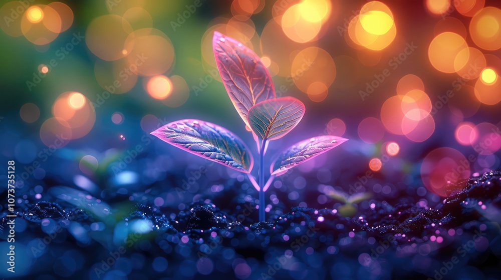 Poster a seedling sprouting from the ground, surrounded by vibrant colors and lights representing growth an