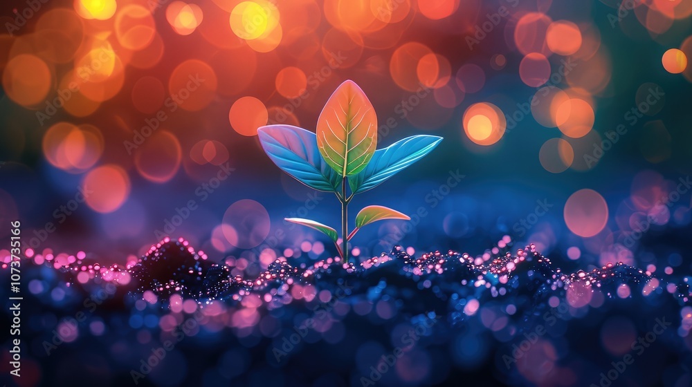 Poster A seedling sprouting from the ground, surrounded by vibrant colors and lights representing growth and creativity. which includes the seeds emerging into the light. symbolizes new beginnings in life.