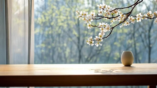 A vase sits on a wooden table in front of a window with a view of cherry blossoms