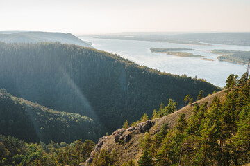 Amazing panorama of the Volga River and the islands on a summer day. Beautiful landscape in Russia....