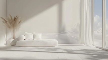 Minimalist white room interior featuring a sofa on wooden flooring wall decor and a bright landscape visible through a window Nordic design concept presented in 3D illustration