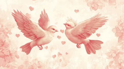 Fototapeta premium Valentine's Day Card with Two Doves Flying Toward Each Other, Surrounded by Hearts, Vintage Pink Theme
