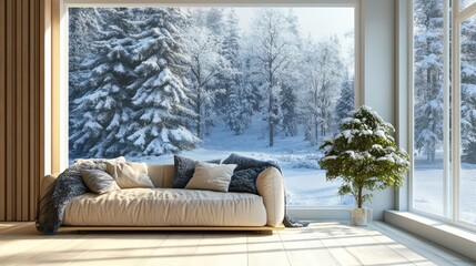 Stylish room featuring a sofa and a winter landscape in the interior design 3D visualization