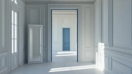 Fototapeta premium Mediterranean inspired hallway interior featuring white plaster walls a white wardrobe a large mirror and blue doors in a classic modern design 3D render