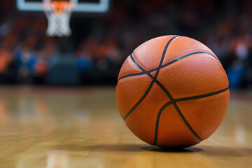 Naklejka premium A basketball rests on the hardwood floor during an intense game in a vibrant arena atmosphere