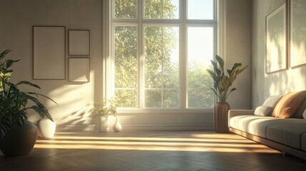 Obraz premium Concept of a light Scandinavian living room featuring a sofa vases on wooden flooring and framed artwork on a spacious wall with a serene view outside Nordic home decor 3D rendering