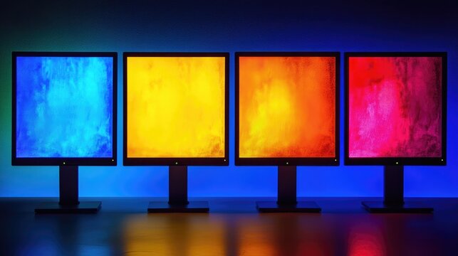Four flat panel LCD monitors in CMYK color format