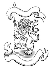 Figure of Roaring Lion Standing on Hind Legs, Holding Flag in Paws. Ribbon. Outline Hand Drawn Illustration. Engraving.  Element for Heraldic Design, Coats of Arms, Mascot