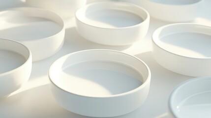 3D rendering of circular white sinks arranged in a flat lay style