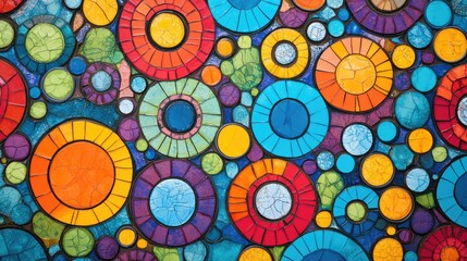 Colorful circles in a whimsical polka dot style with an acrylic finish A fun futuristic mosaic design featuring hand drawn elements on a vibrant background