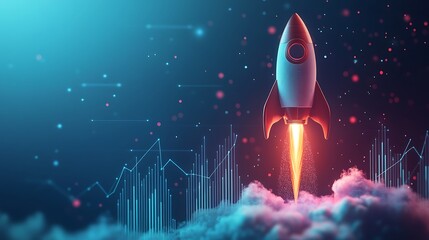 A rocket ship with business graph bar chart, Rocket business graph background