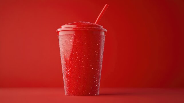 Shiny red plastic slurpee cup on a flat red background featuring a 3D rendering of a beverage container with simple color design