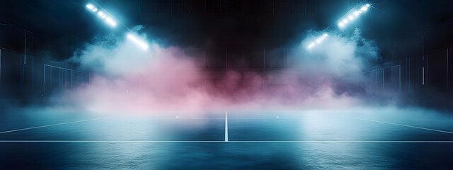 Empty futsal court with artificial lights and smoke at night