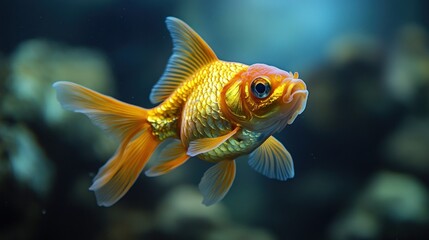 A single, vibrant goldfish with orange and gold scales swims in clear water with a blurred background.