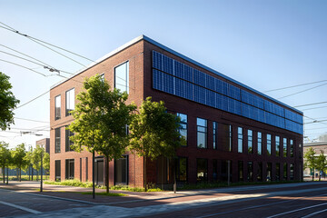 Modern Brick Building with Solar Panels in Urban Setting Under Clear Sky