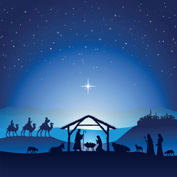 Christmas Nativity scene background. The Three Wise Men arrive at the hut. Desert setting at night. Vector illustration.