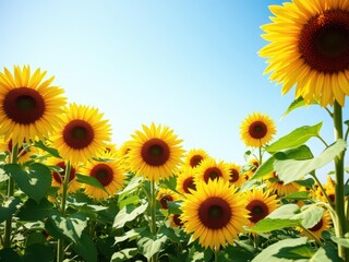 Obraz premium Vibrant sunflower field under a clear blue sky, perfect for summer background, growth