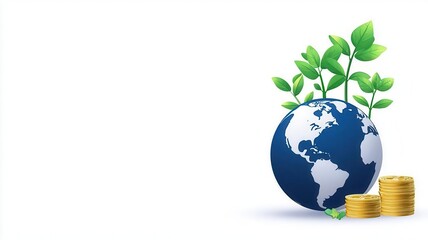 A globe with plants growing and coins symbolizing sustainable finance and ecology.