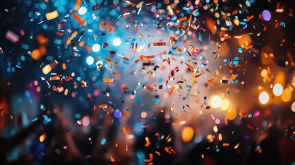 A lively New Year's Eve celebration in a bustling plaza with colorful confetti floating through the air Crowds gather to cheer and celebrate as fireworks light up the midnight sky A joyful gathering 